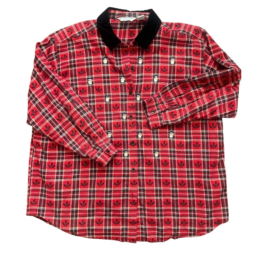 VTG VICTORIA JONES 3X Red Plaid vintage 90s Snowman Christmas‎ Top Grandmacore